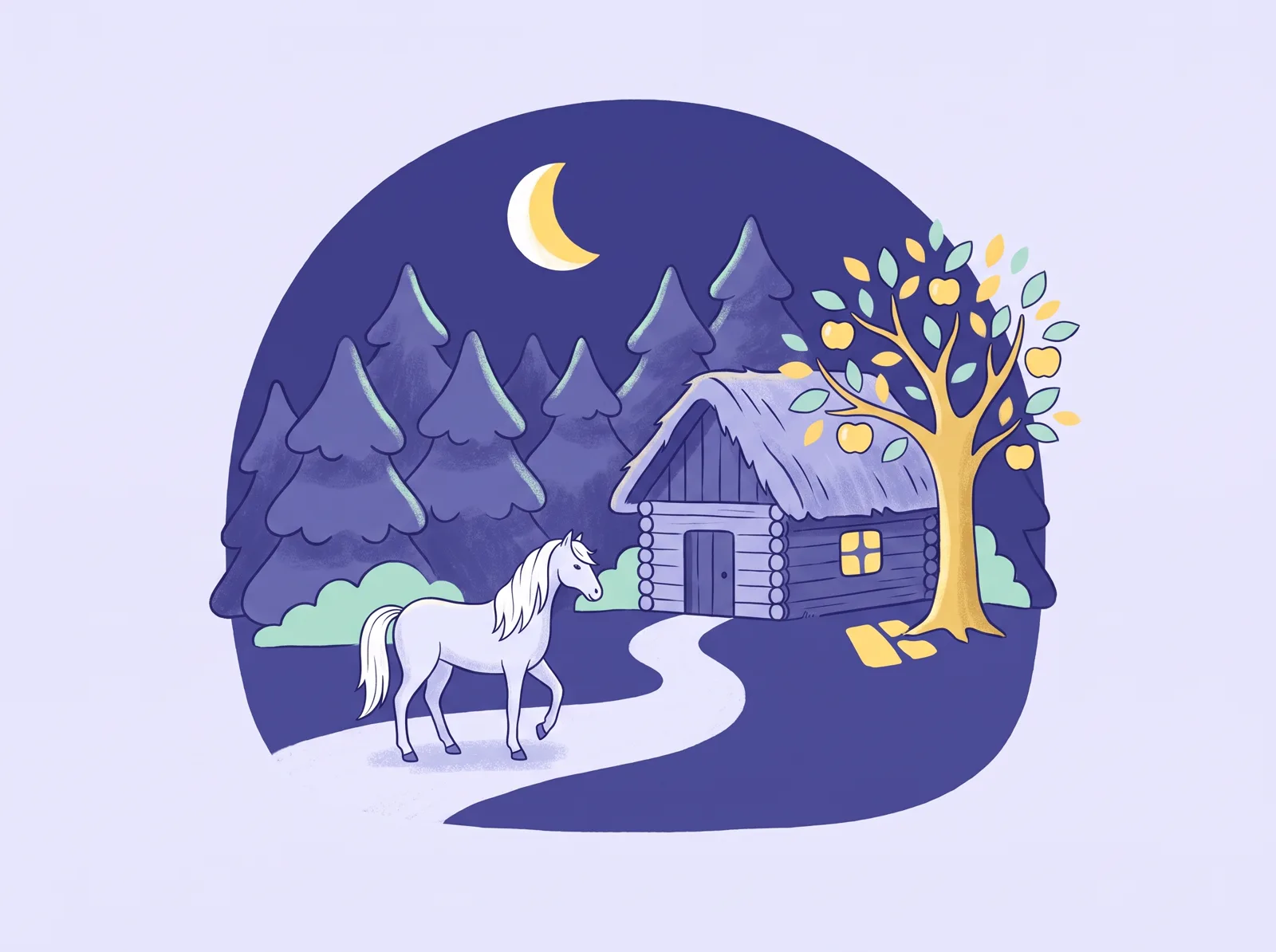 Ilustrație: o căsuță cu acoperiș de stuf la marginea pădurii, un cal alb pe cărare și un măr cu mere de aur
